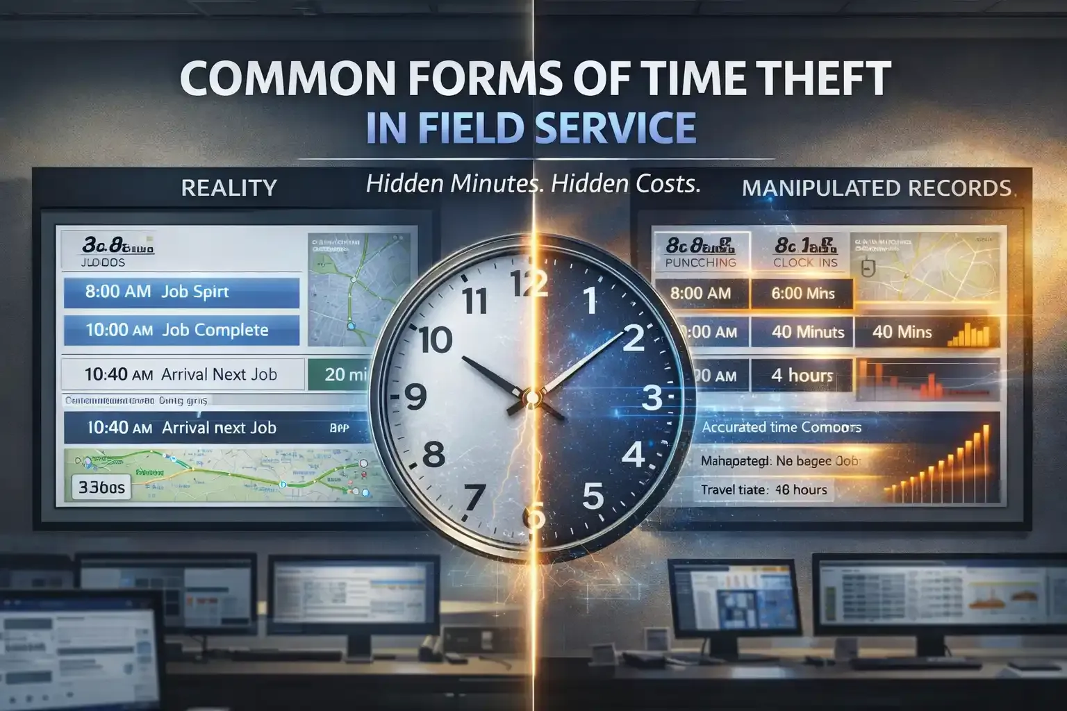 Split screen showing real vs manipulated field service time records